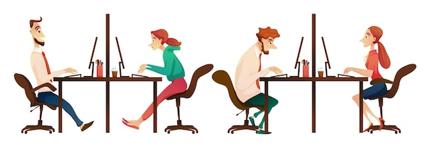 Gratis vector jonge man en vrouw die op kantoor werken cartoon vector