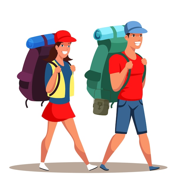 Jonge man en vrouw koppel toeristen met stokken rugzakken reizen Klimmen trekking wandelen wandelen kampeeravonturen in de natuur