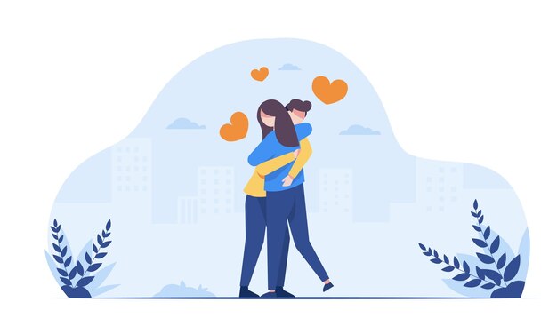 Jonge man en vrouw minnaar knuffelen met liefde in park in cartoon karakter vectorillustratie