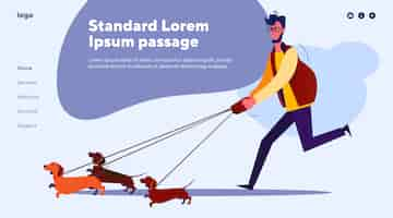 Gratis vector jonge man lopen met drie honden