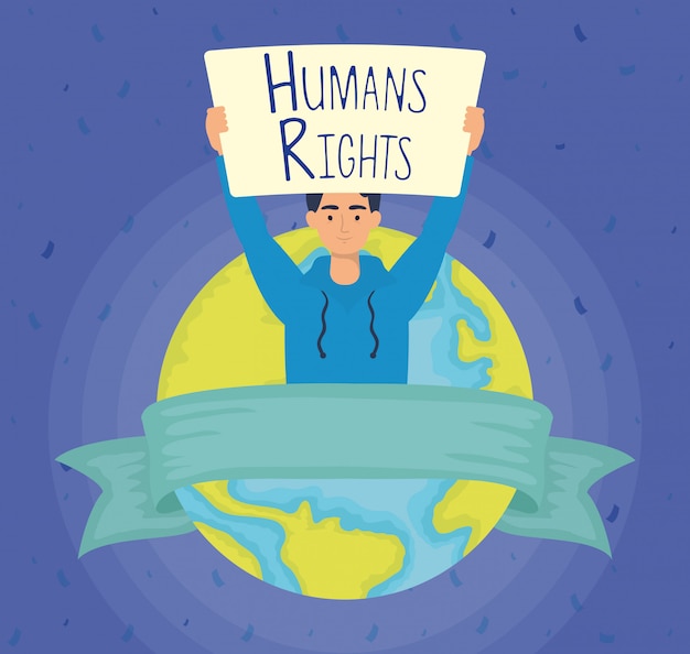Jonge man met mensenrechten label en wereld planeet vector illustratie ontwerp