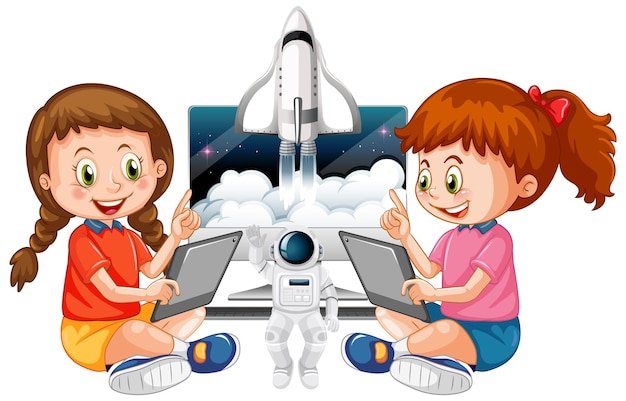 Jonge meisjes die tablet gebruiken met ruimteschip Premium Vector