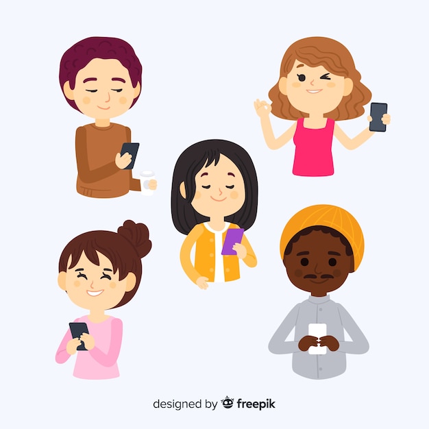 Gratis vector jonge mensen die smartphones houden