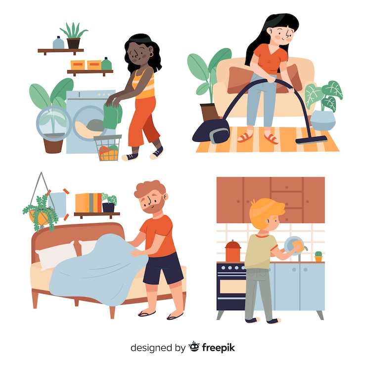 Gratis Vector jonge mensen doen huishoudelijk werk