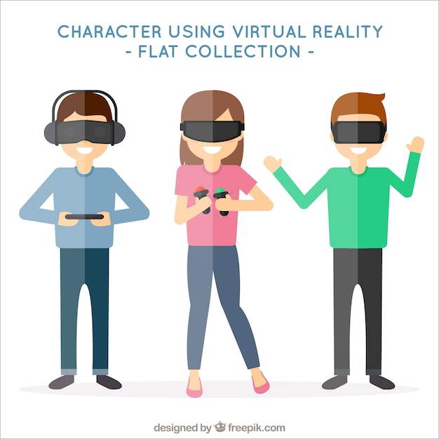 Jonge mensen met virtual reality bril in plat design