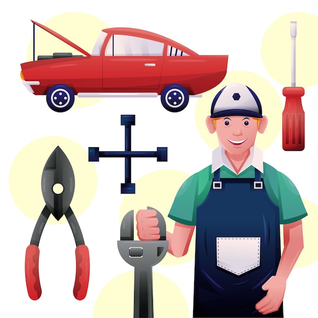 Jonge monteur automotive reparatie en professioneel onderhoud apparatuur cartoon vector