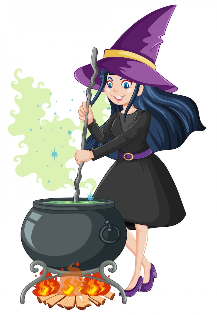 Gratis Vector jonge mooie heks met zwarte magische pot cartoon stijl geïsoleerd op een witte achtergrond