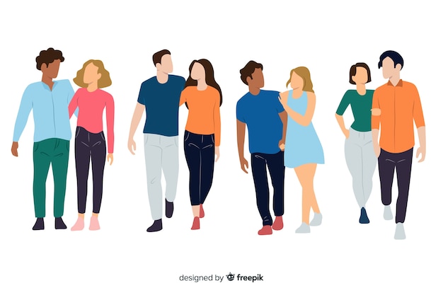 Gratis vector jonge paren die samen in liefde lopen