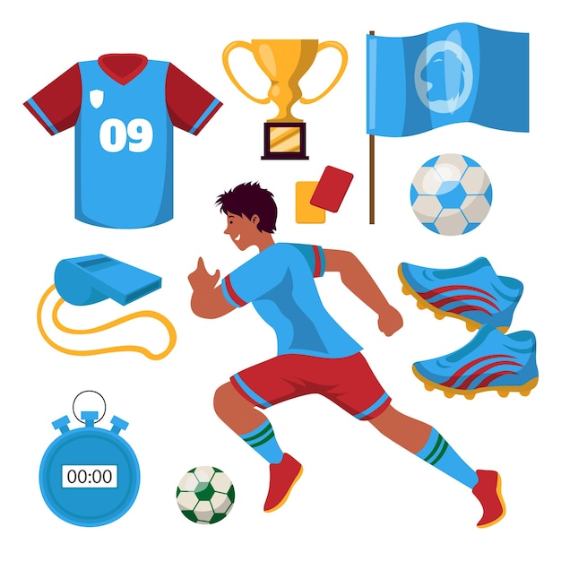 Gratis vector jonge speler man met voetbaluitrusting in cartoon-stijl