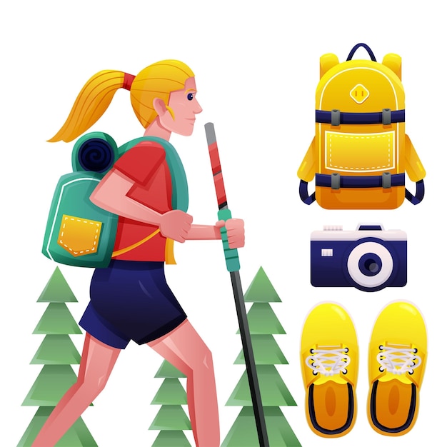 Jonge trekking vrouw en professional in cartoon vector