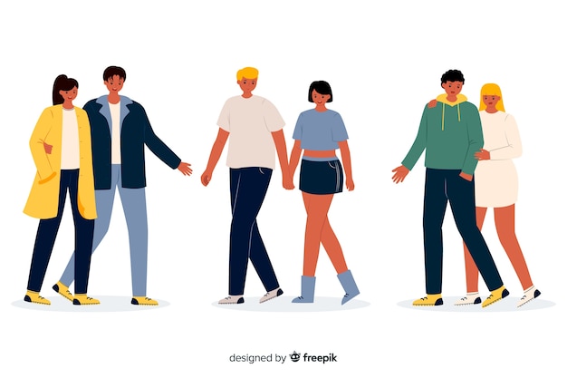 Gratis vector jonge verliefde stelletjes samen wandelen