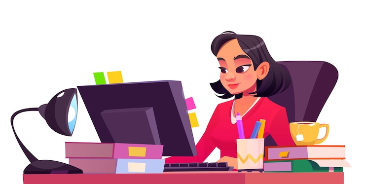 Gratis Vector jonge vrouw die aan het kantoor werkt.
