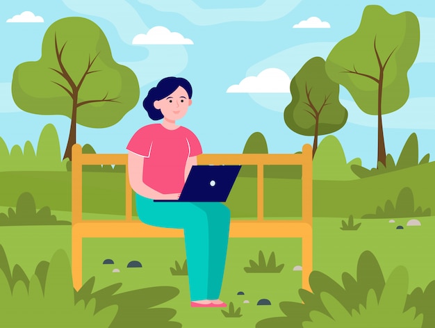 Gratis vector jonge vrouw die met laptop in park werkt