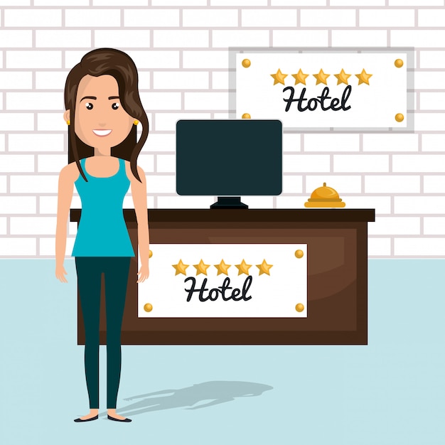 Gratis vector jonge vrouw in het hotel receptie karakter scene