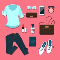 Jonge vrouw kleding en accessoires outfit. notitieboekje en smartphone, portemonnee en poeder, blouse en handtas