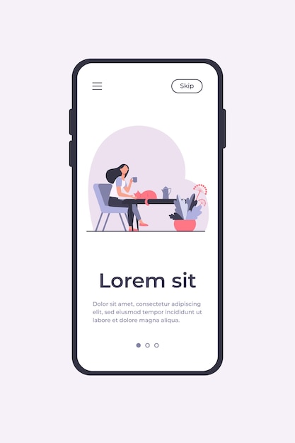 Jonge vrouw klopte rode kat terwijl het drinken van thee. Koffiepauze, ochtend, huisdier platte vectorillustratie. Gezellig huis, warme drank, herfst concept mobiele app-sjabloon