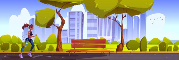 Jonge vrouw loopt in stadspark op mooie ochtend stadsgezicht uitzicht met bomen en bank. Runner meisje in koptelefoon gezonde levensstijl, outdoor fitness en joggen activiteit, Cartoon vectorillustratie