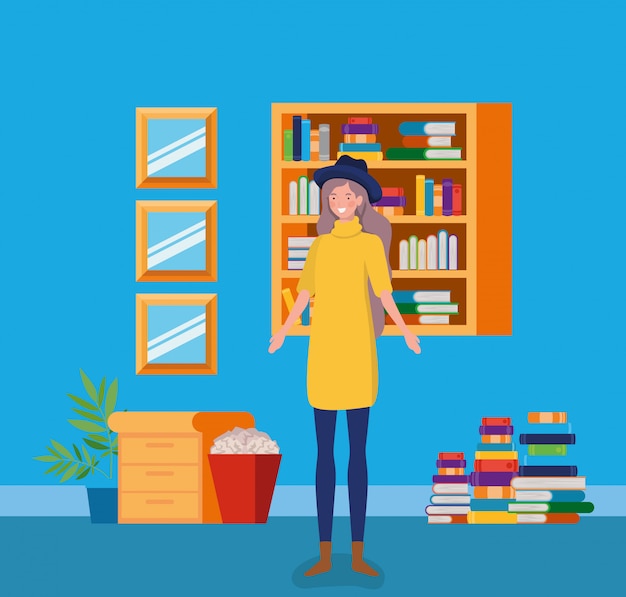 Gratis vector jonge vrouw met tophat die zich in de bibliotheek bevindt