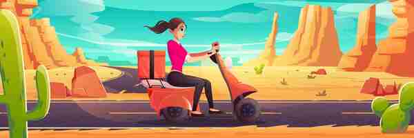 Gratis vector jonge vrouw rijdt scooter, meisje bestuurder op reis