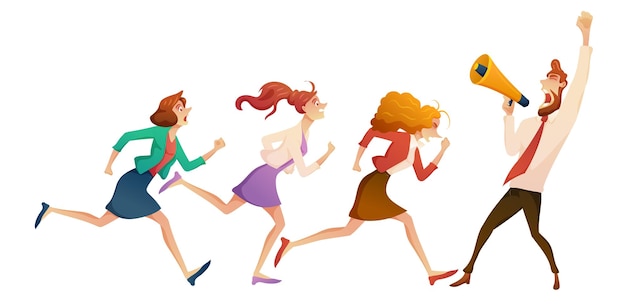 Jonge zakenman met luidspreker en vrouwen rennen in cartoon vector