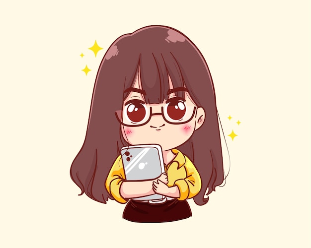 Jonge zakenvrouw met tablet cartoon afbeelding