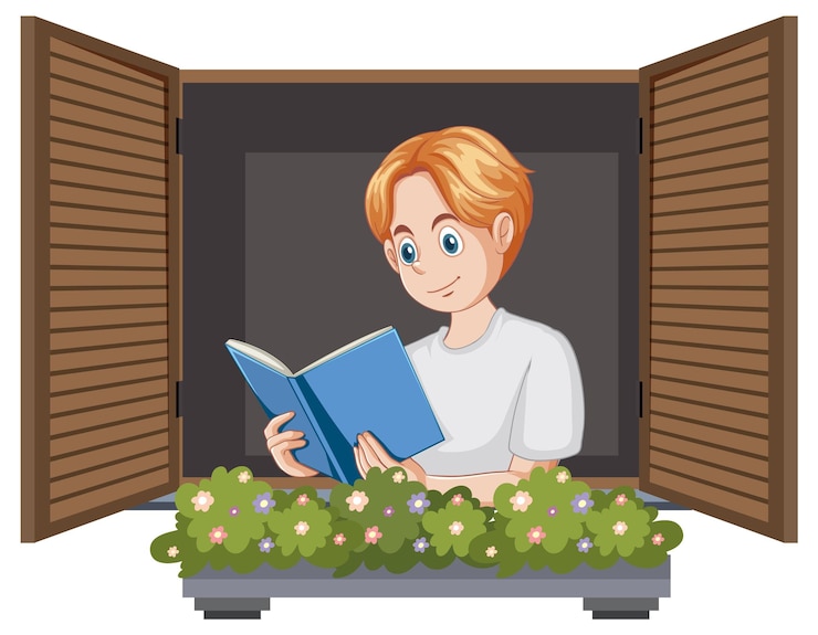 Gratis Vector jongen die bij het raam leest