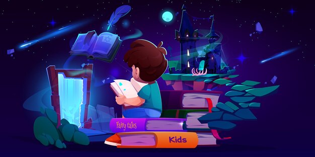 Jongen die een boek met magische verhalen leest.