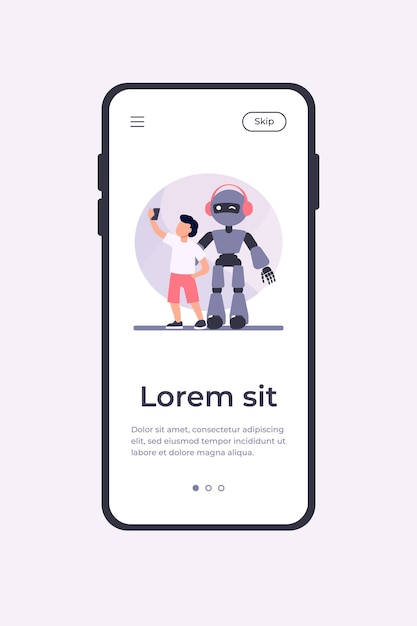 Jongen die selfie met humanoïde neemt. kind met cyborg, kind met robot platte vectorillustratie. robotica, engineering, concept uit de kindertijd voor banner, websiteontwerp of bestemmingswebpagina