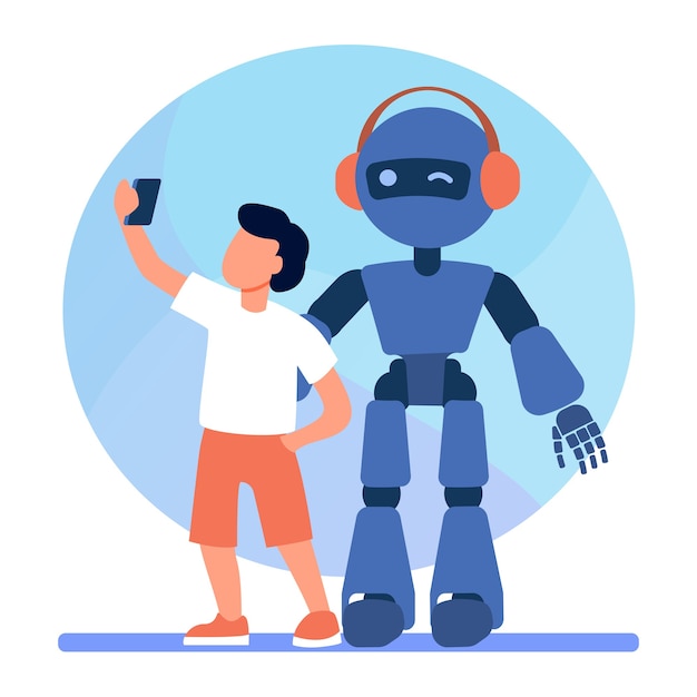 Gratis vector jongen die selfie met humanoïde neemt. kind met cyborg, kind met robot platte vectorillustratie. robotica, techniek, jeugd