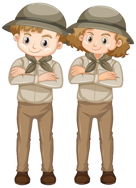 Gratis vector jongen en meisje in safariuitrusting op wit