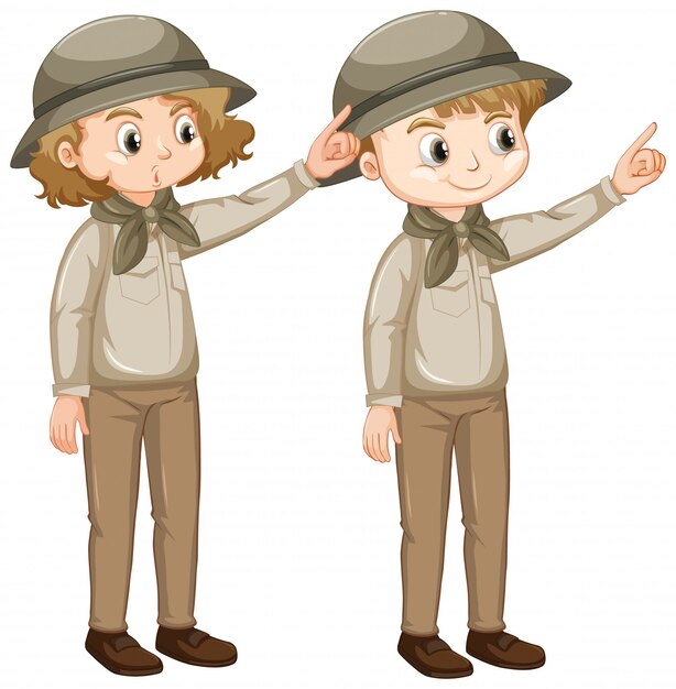 Gratis vector jongen en meisje in safariuitrusting op wit