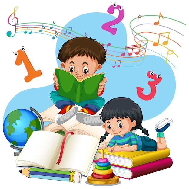 Gratis vector jongen en meisje lezen boeken op een stapel boeken