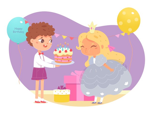 Jongen geeft verjaardagstaart aan meisje op feestje om kaarsen te blazen Gelukkige kinderen vriendschap lachende kinderen vieren vakantie met zoete cadeau presenteert ballonnen