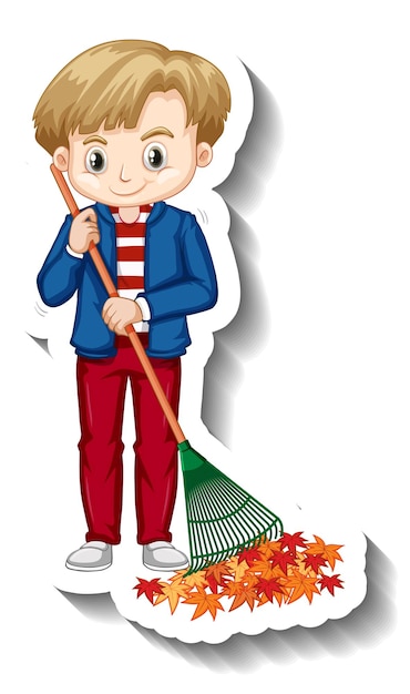 Gratis vector jongen harken bladeren cartoon sticker op witte achtergrond