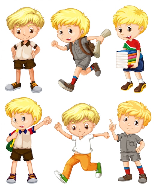 Gratis vector jongen met blond haar in verschillende acties illustratie