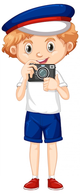 Gratis vector jongen met camera op witte achtergrond