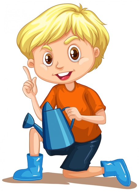 Gratis vector jongen met gieter op wit