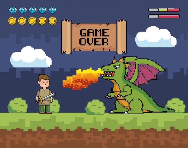 Jongen met zwaard en draak spuwt vuur met game-over bericht