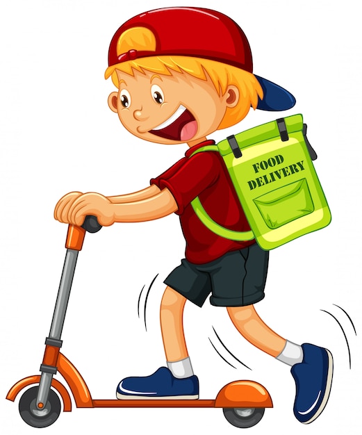 Gratis vector jongen op de bezorgingsvoedsel van de kickscooter