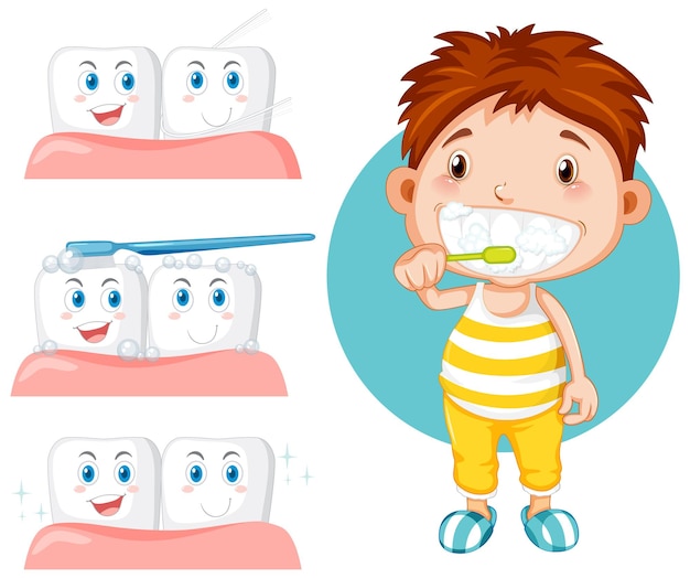 Gratis vector jongen tanden poetsen met de tanden met kauwgom