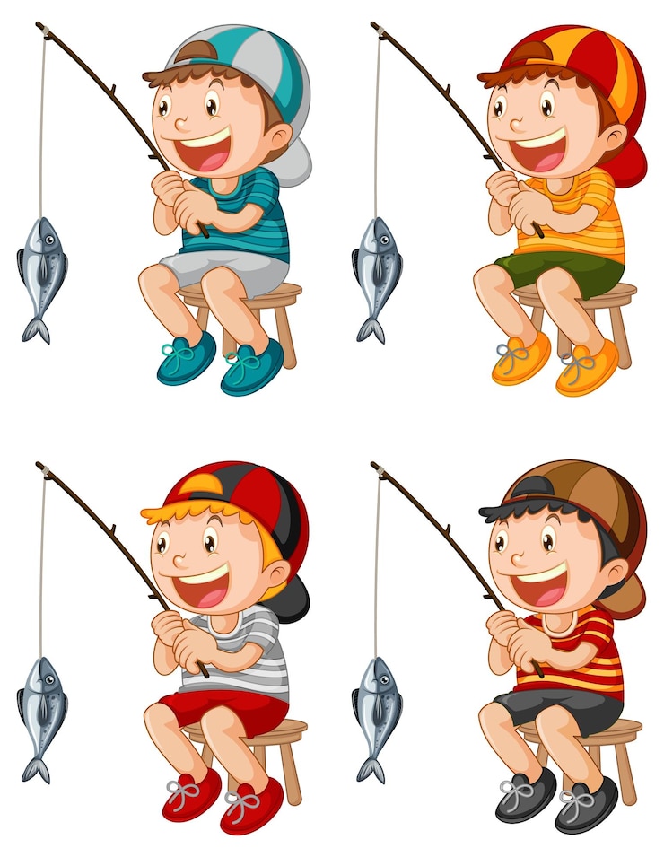 Gratis Vector jongen zittend op een stoel vissen stripfiguur