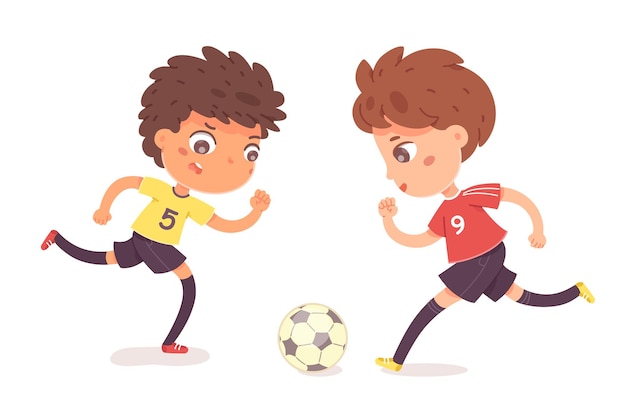 Gratis vector jongens samen voetballen twee gelukkige kleine kinderen sporten in uniformen glimlachende kinderen bal te voet tussen hen schoppen op witte achtergrond
