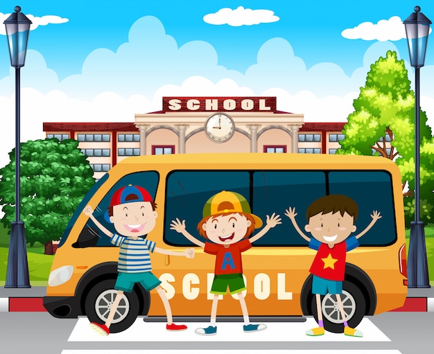 Jongens staan bij de schoolbus