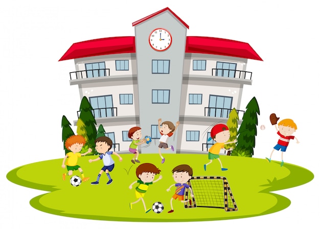 Gratis vector jongens voetballen op school