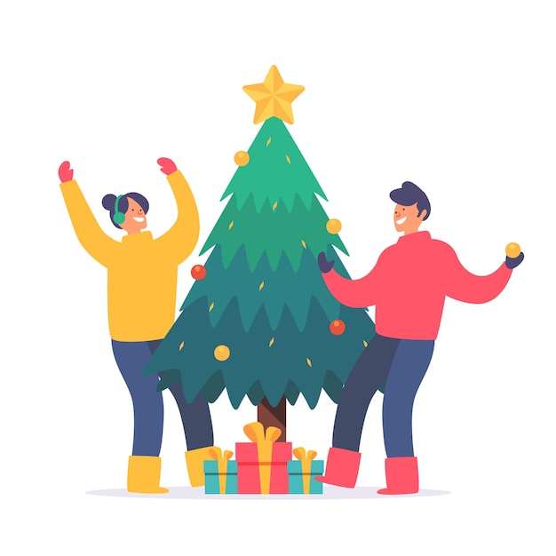 Gratis vector jongeren versieren kerstboom