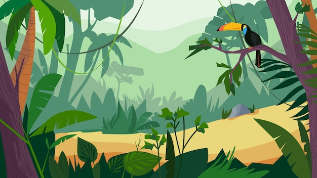 Jungle boszicht, banner in platte cartoon design. landschap met groene tropische bomen, planten en struiken, toekan zit op tak. wildlife panoramisch met landschap. vectorillustratie van webachtergrond