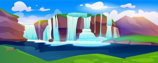 Gratis vector jungle cartoon boslandschap met waterval