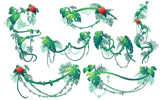 Jungle klimplant planten lianen met groene bladeren en rode bloemen vector cartoon set grenzen van klimmen klimop wijnstokken krullend opknoping bloemen takken geïsoleerd op witte achtergrond