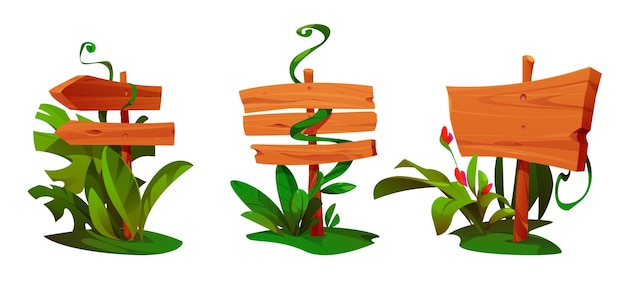 Gratis vector jungle plant op spel houten bord ui cartoon vector bos uithangbord banner met amazon liana gras en tropische bloem geïsoleerde weg richting label sjabloon natuur ontwerp voor komische interface