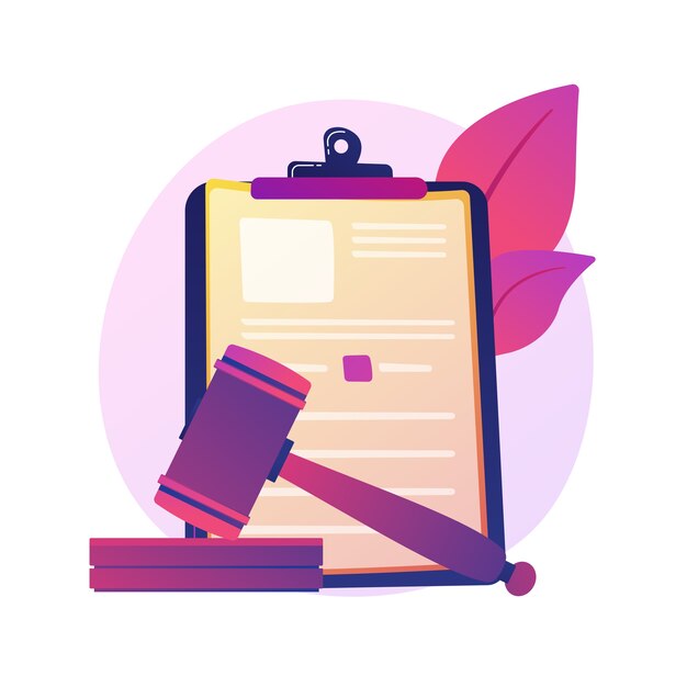 Juridische verklaring. Gerechtelijke mededeling, rechterlijke beslissing, gerechtelijk apparaat. Advocaat, advocaat studeren papieren stripfiguur. Hypotheekschuld, wetgeving.
